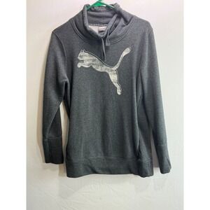 Puma Womens Funnel Neck Sweatshirt Charcoal Gray Distressed Logo Size L